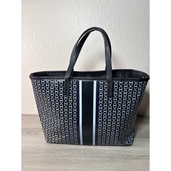 Tory Burch Gemini Link Tote Bag Black White Coated Canvas Leather Zip Top *READ - Picture 3 of 8